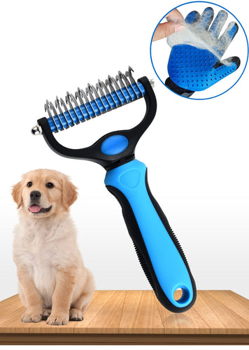 Blue Pet Grooming Glove for Right Hand and Upgraded Undercoat Rake Combo for Cat and Dog Mats&Tangles Remove